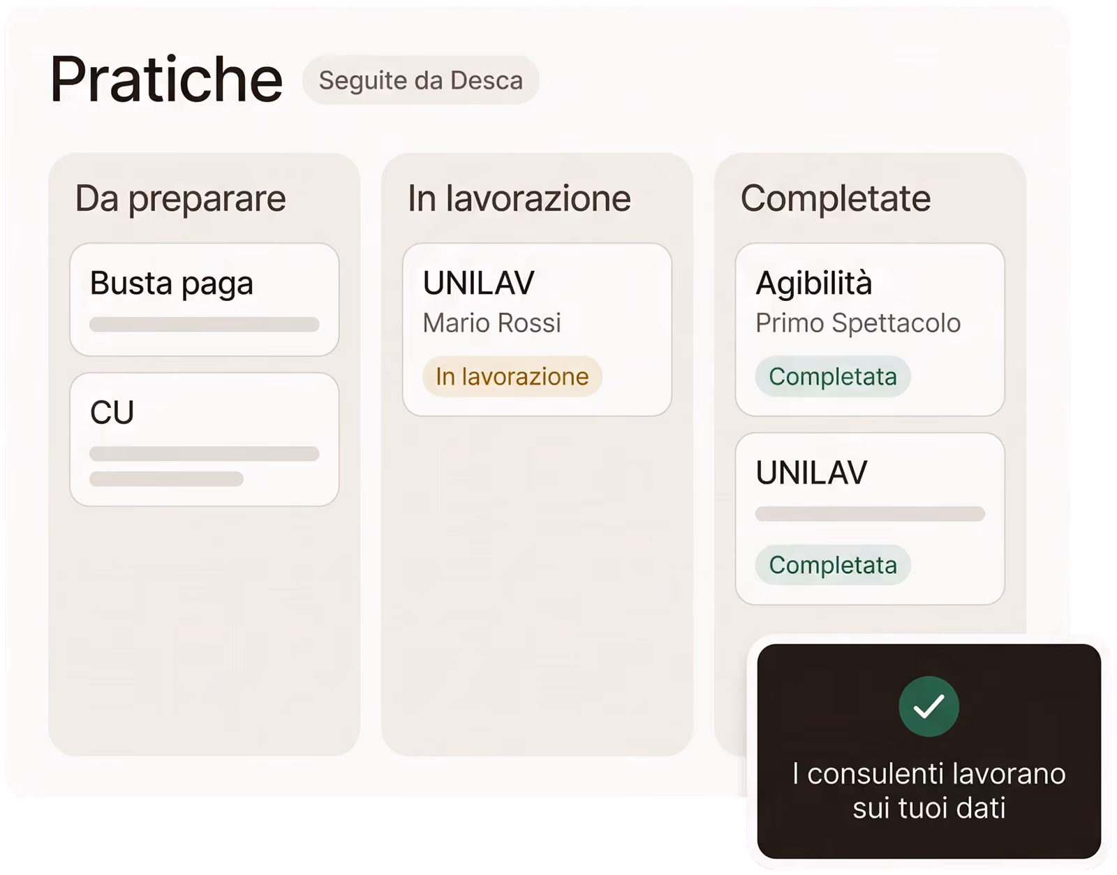 Le pratiche seguite da Desca in tre colonne: da preparare, in lavorazione e completate, con l'UNILAV di Mario Rossi in lavorazione