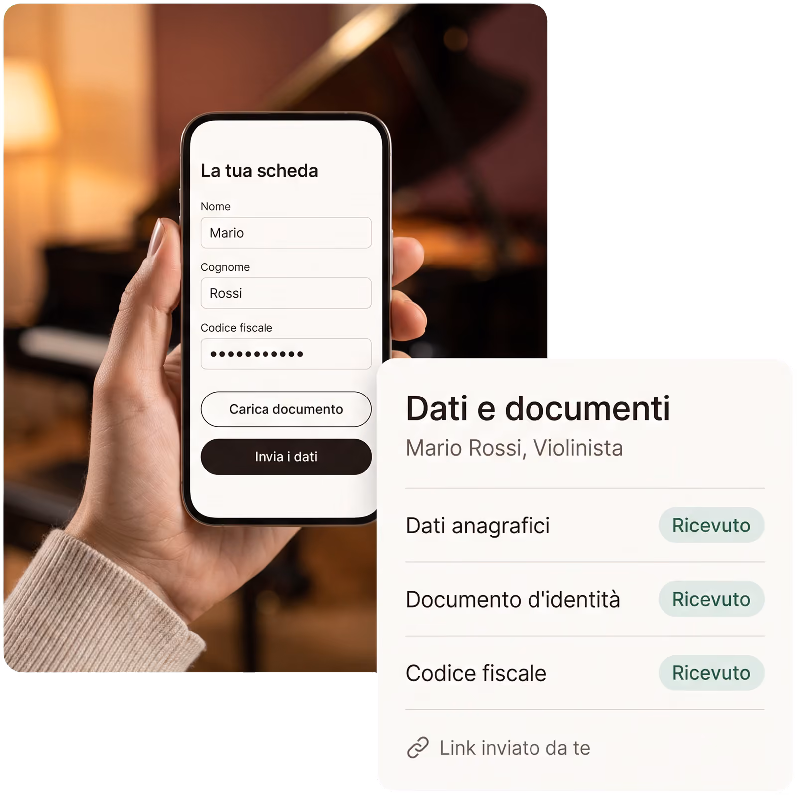 Una mano che compila la scheda dell'artista sul telefono e il riepilogo di dati e documenti di Mario Rossi, tutti ricevuti