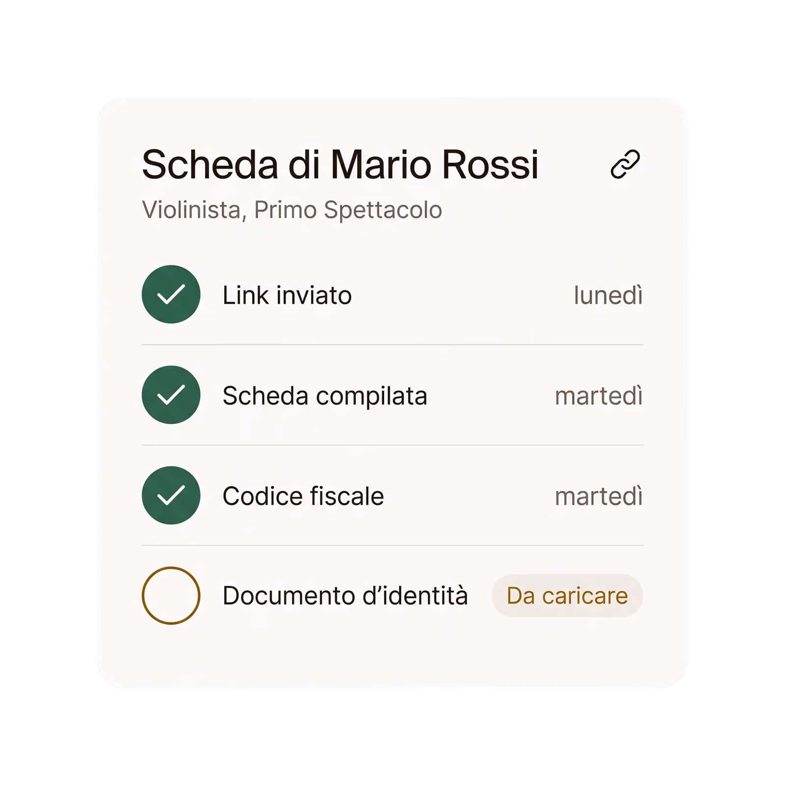 La scheda di Mario Rossi: link inviato, scheda compilata e codice fiscale arrivati, documento d'identità ancora da caricare