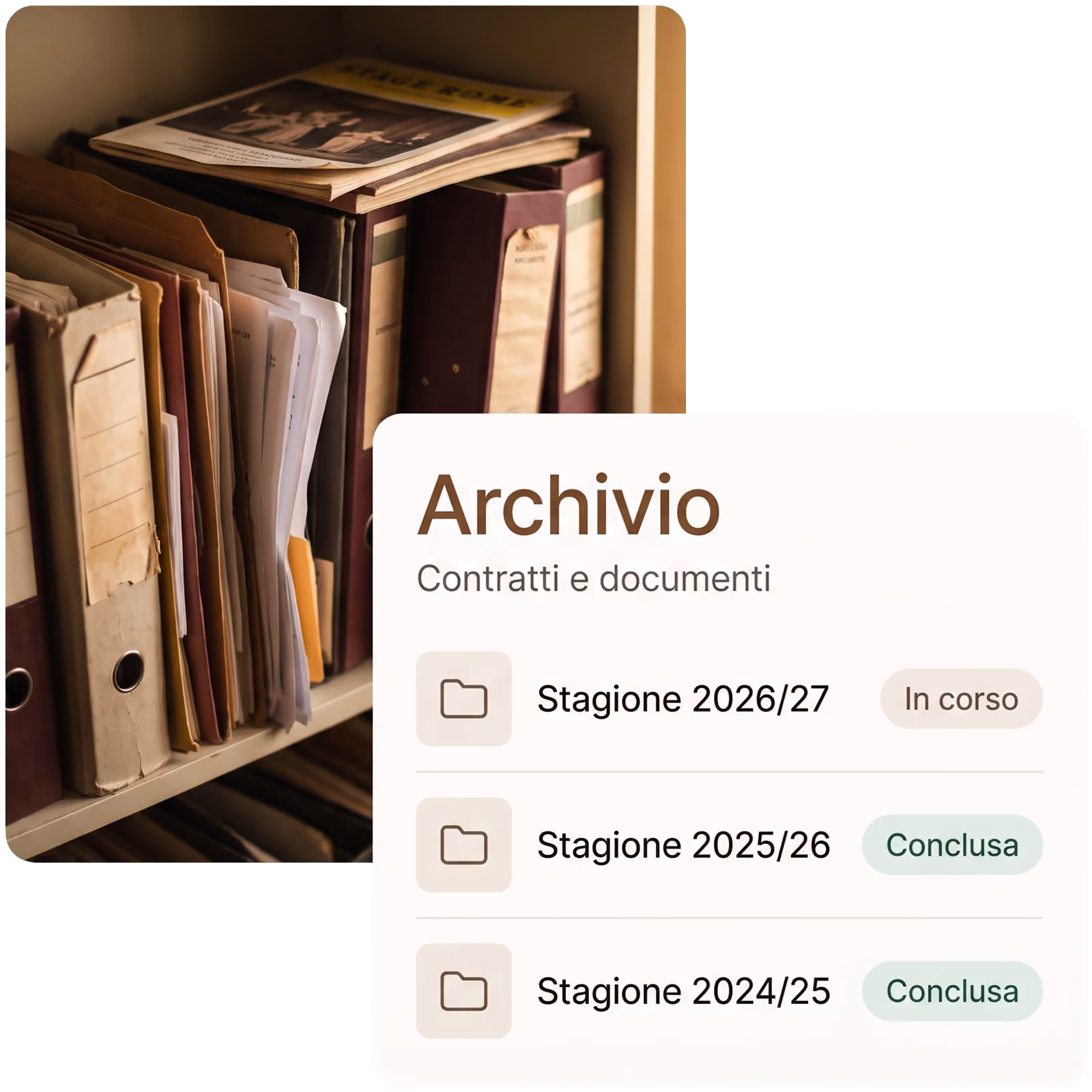 Vecchi faldoni di carta su uno scaffale e l'archivio di ProTempo con le stagioni in ordine, quella in corso e le concluse