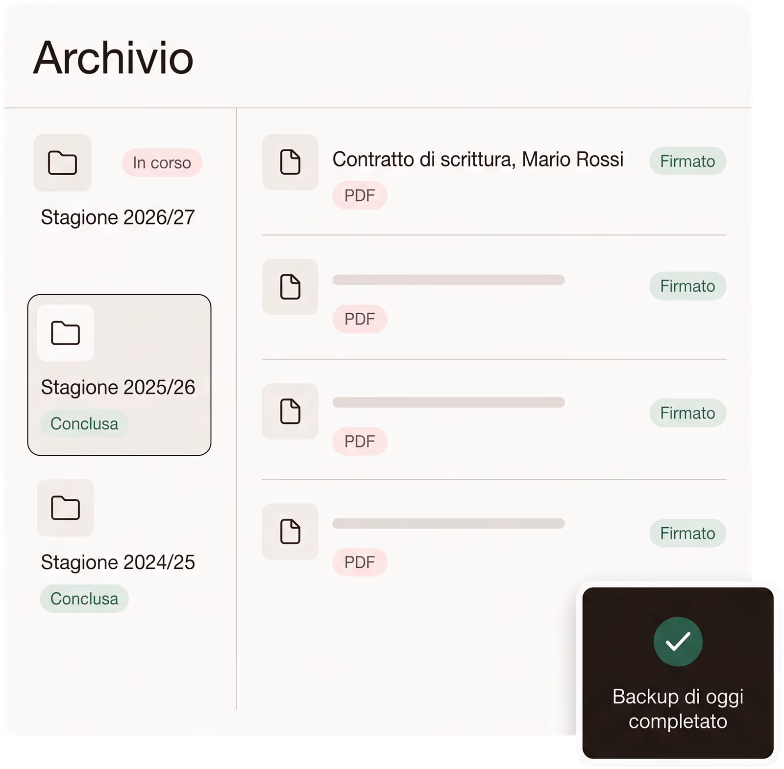 L'archivio di ProTempo a cartelle, una per stagione: nella stagione 2025/26 i contratti firmati in PDF e il backup di oggi completato