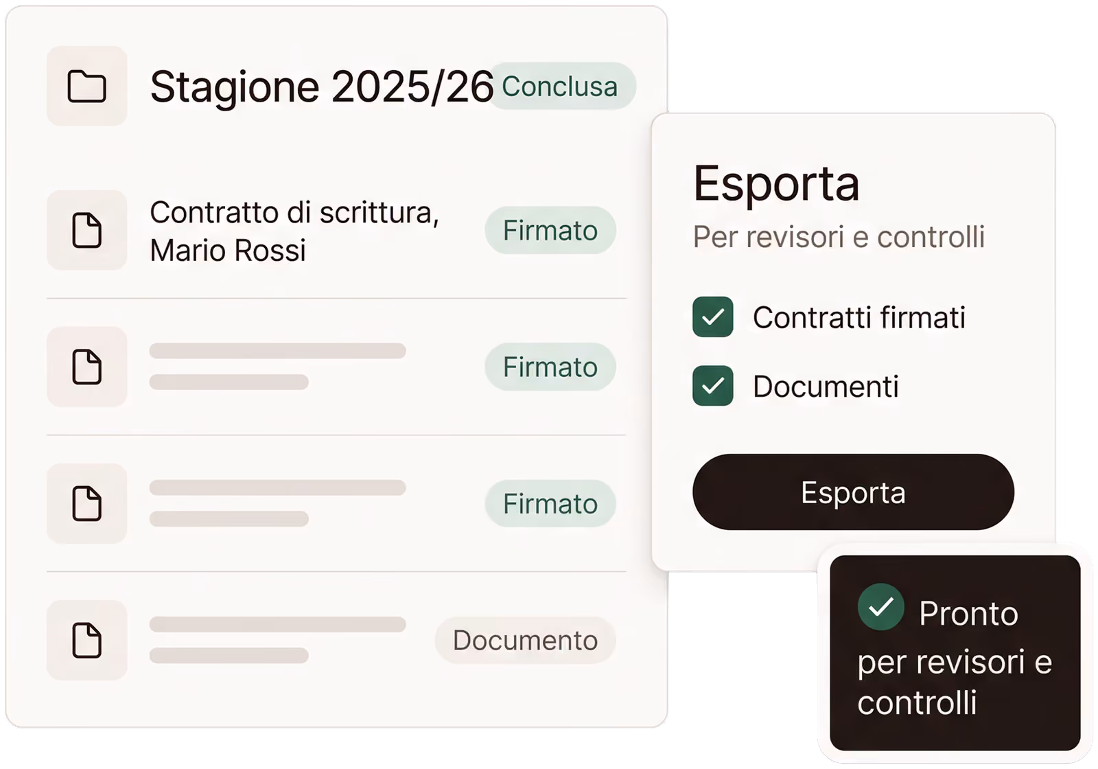 La stagione 2025/26 conclusa con contratti firmati e documenti, e l'esportazione pronta per revisori e controlli