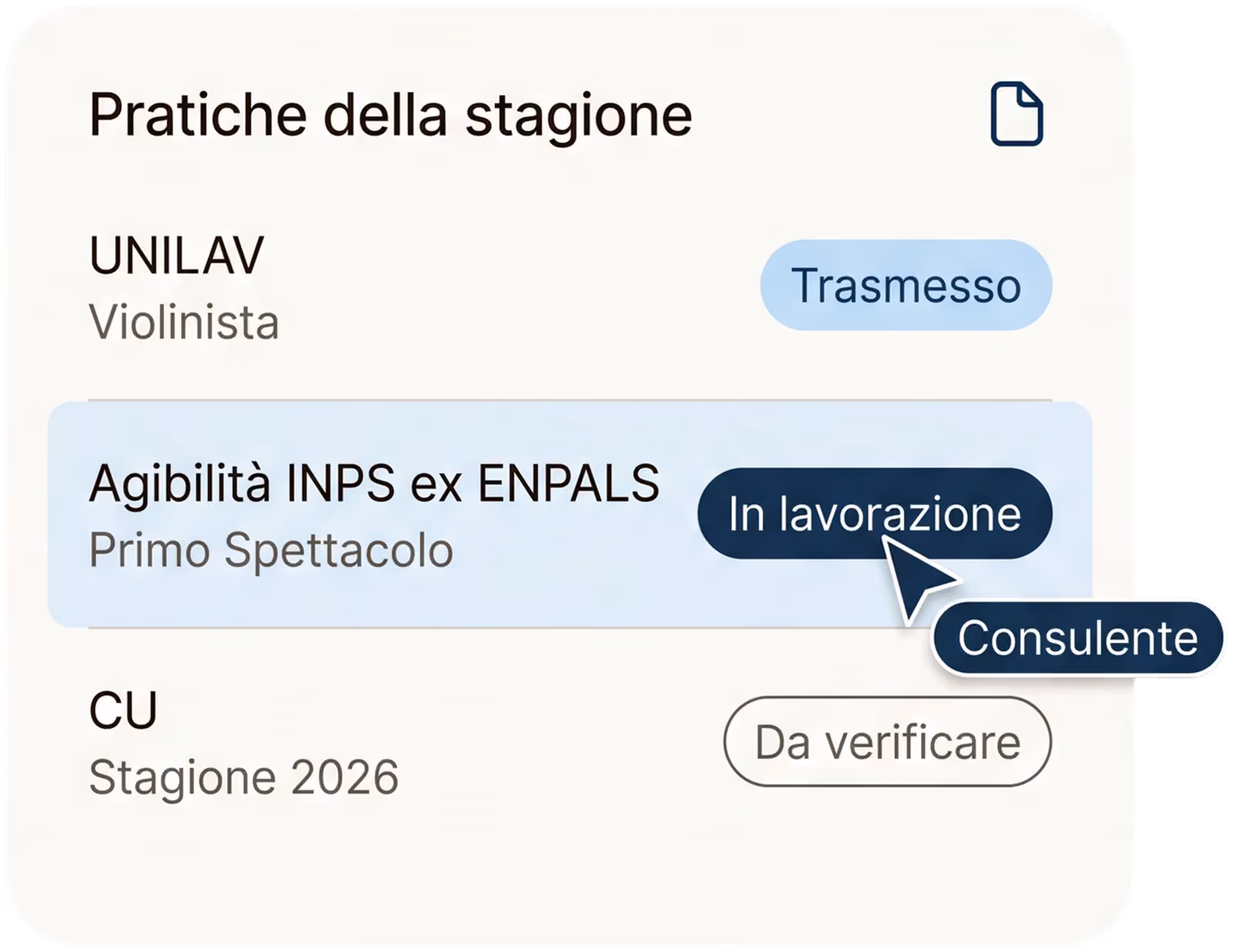 Le pratiche della stagione in ProTempo, con il consulente che lavora sull'agibilità INPS ex ENPALS
