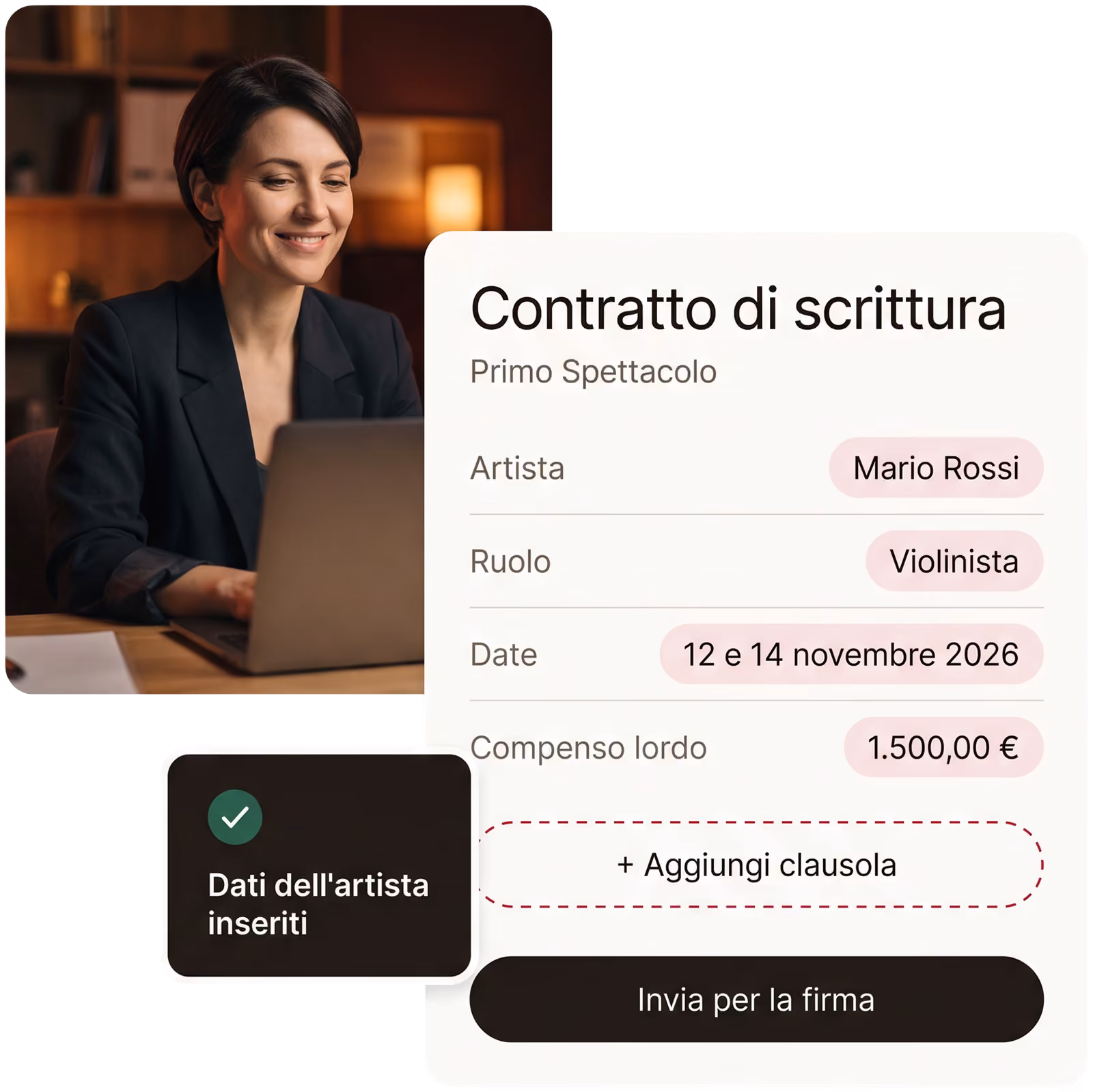 Un'amministrativa di teatro sorridente al computer e il contratto di scrittura con i dati dell'artista già inseriti, pronto da inviare per la firma