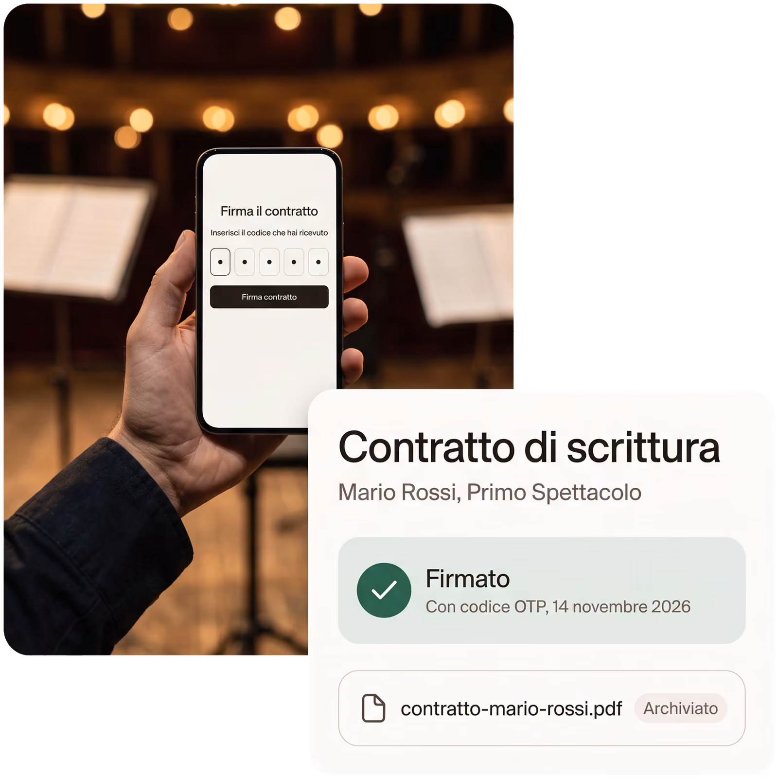 Una mano che firma il contratto sul telefono con il codice OTP e il contratto firmato, archiviato in PDF