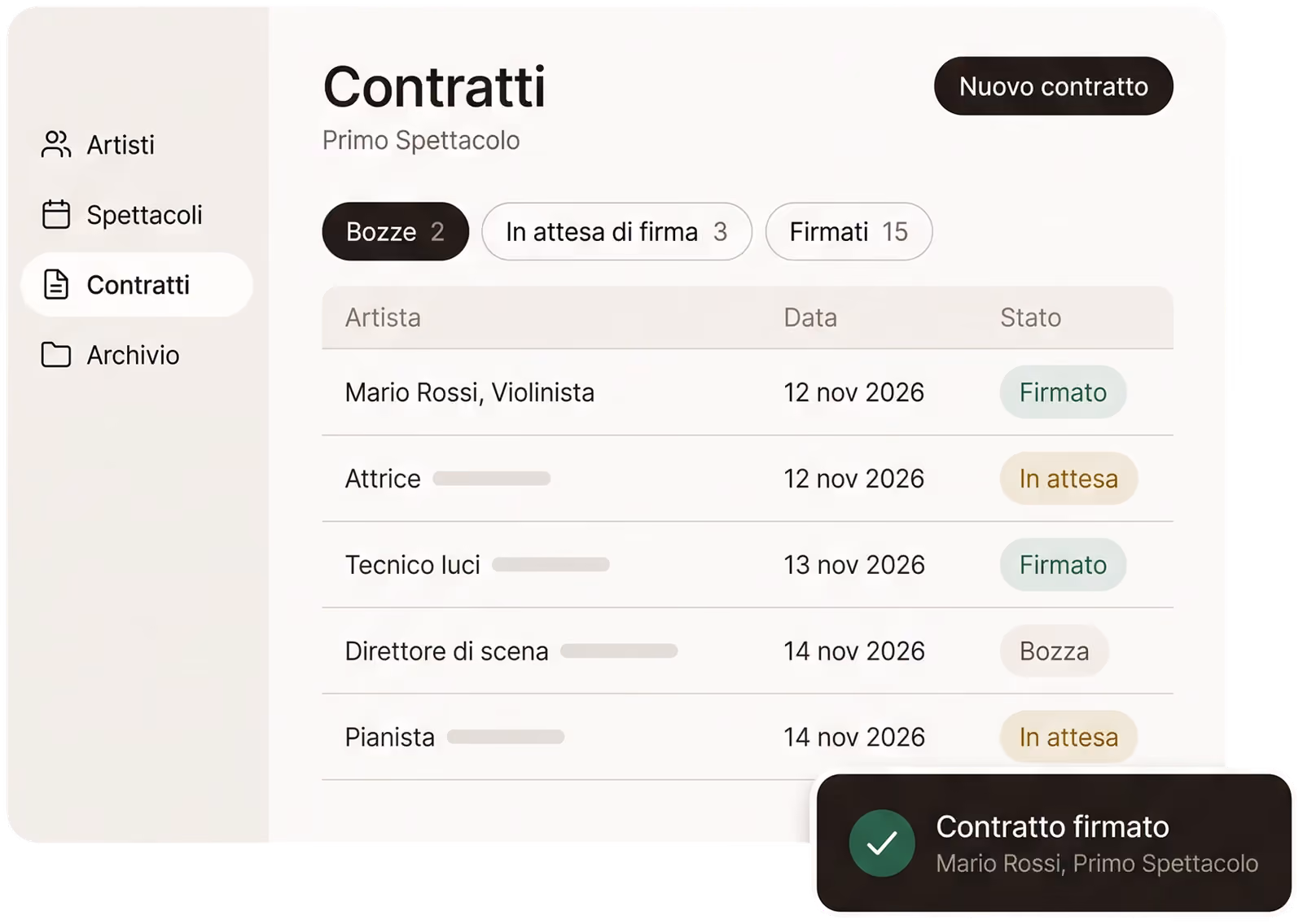 La pagina dei contratti di ProTempo, con lo stato di ogni contratto dello spettacolo e l'avviso di un contratto appena firmato