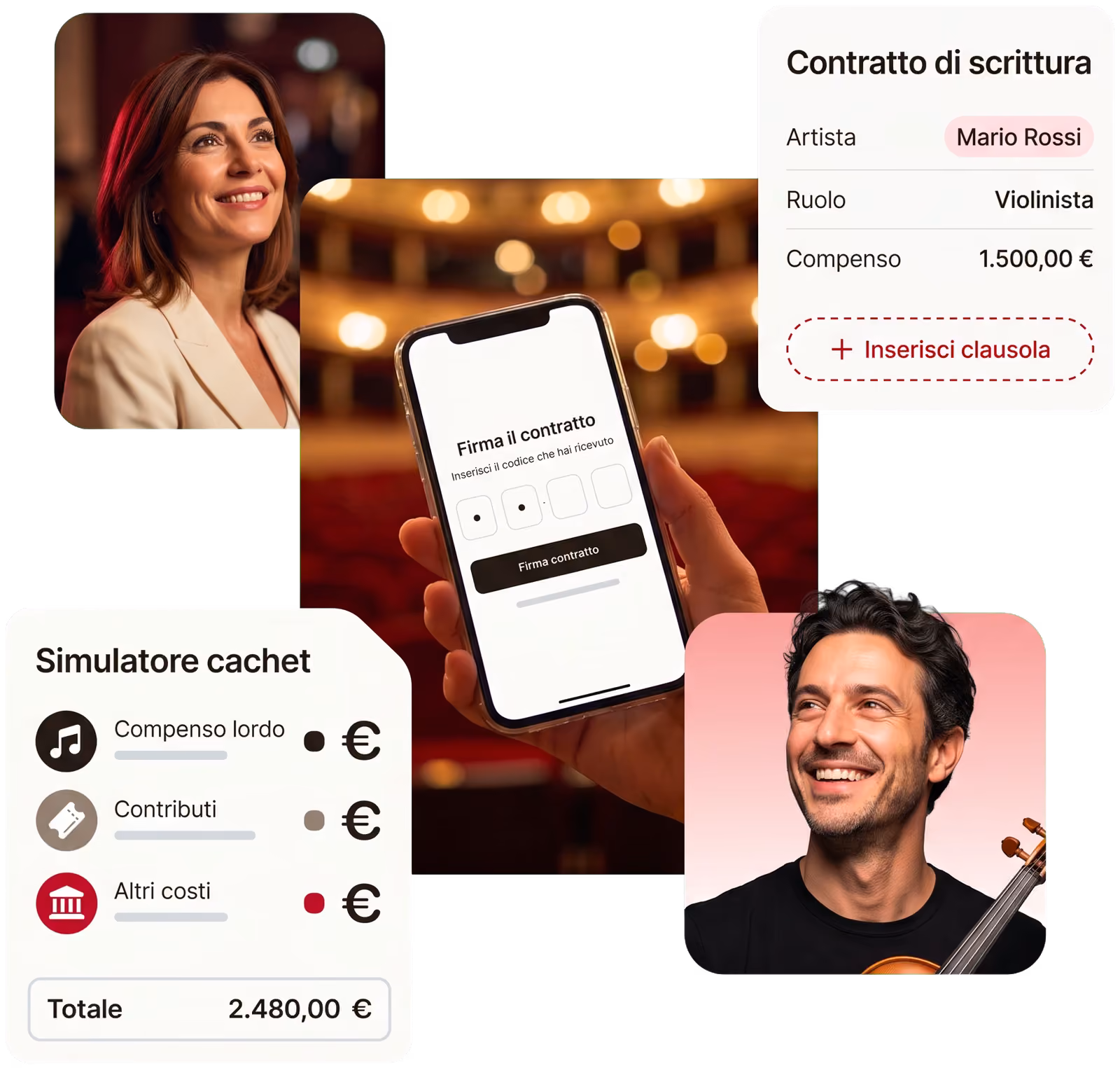 Il contratto di scrittura e il simulatore cachet di ProTempo, la firma con codice da telefono, un'impiegata amministrativa e un violinista sorridenti