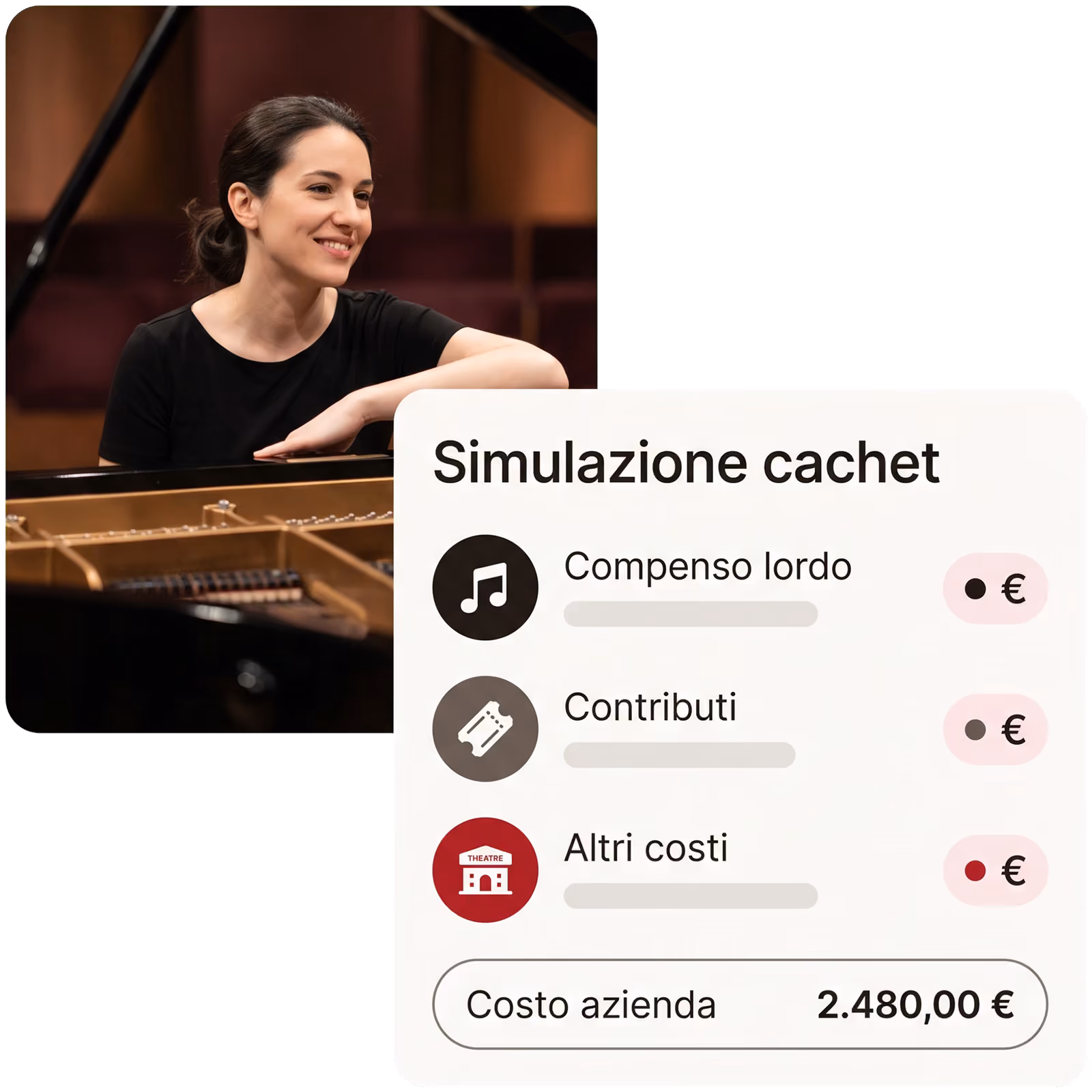 Una pianista sorridente al pianoforte e la simulazione del suo cachet, con compenso lordo, contributi, altri costi e il costo azienda