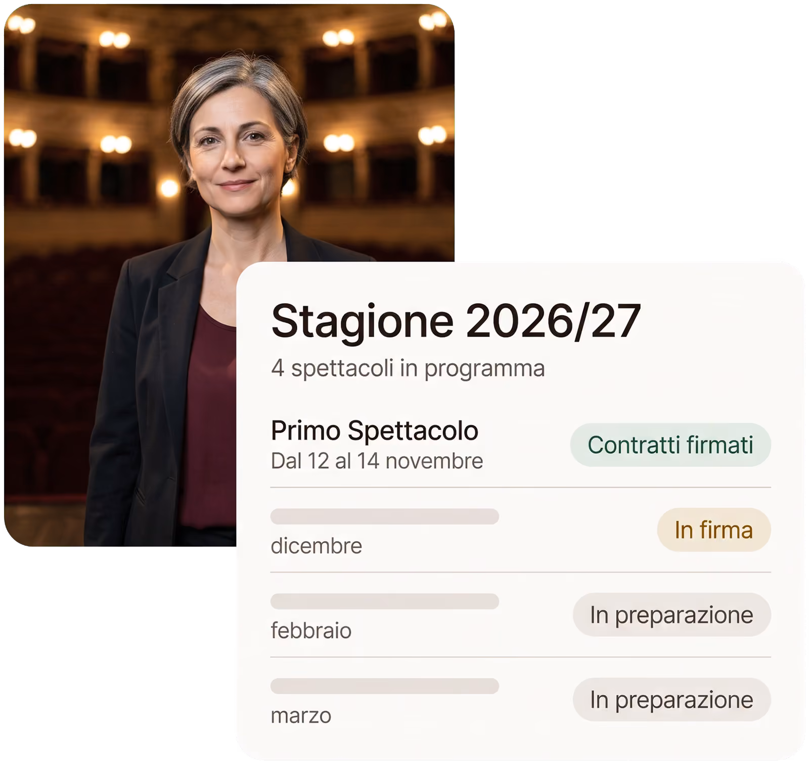Chi organizza la stagione, sorridente in platea, e la stagione 2026/27 con quattro spettacoli, le loro date e lo stato dei contratti