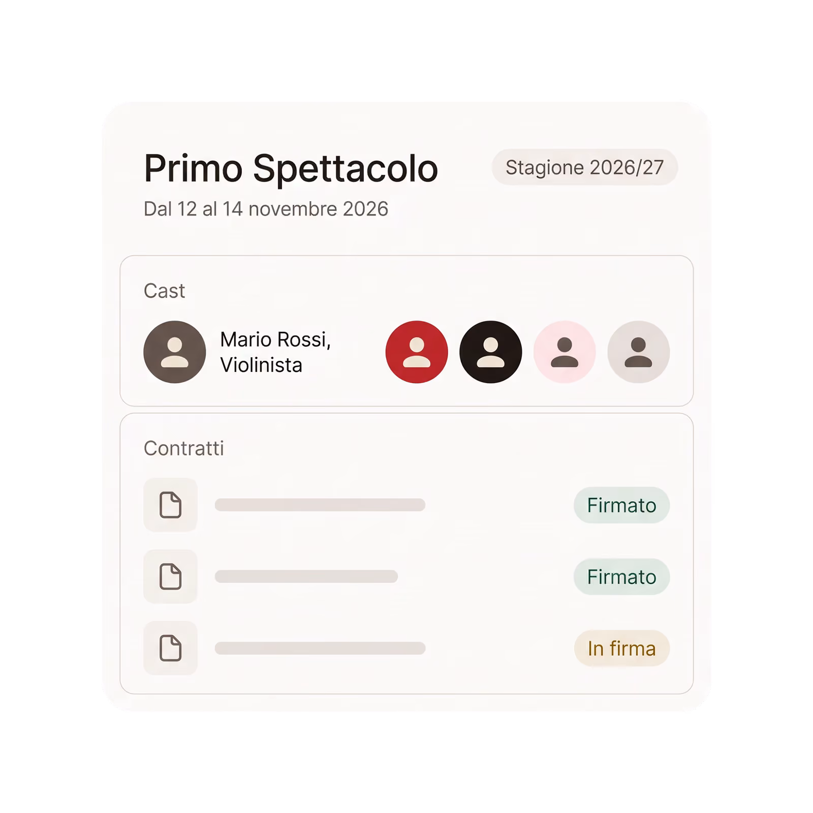 Primo Spettacolo con il suo cast e i suoi contratti, due firmati e uno in firma, nella stessa pagina