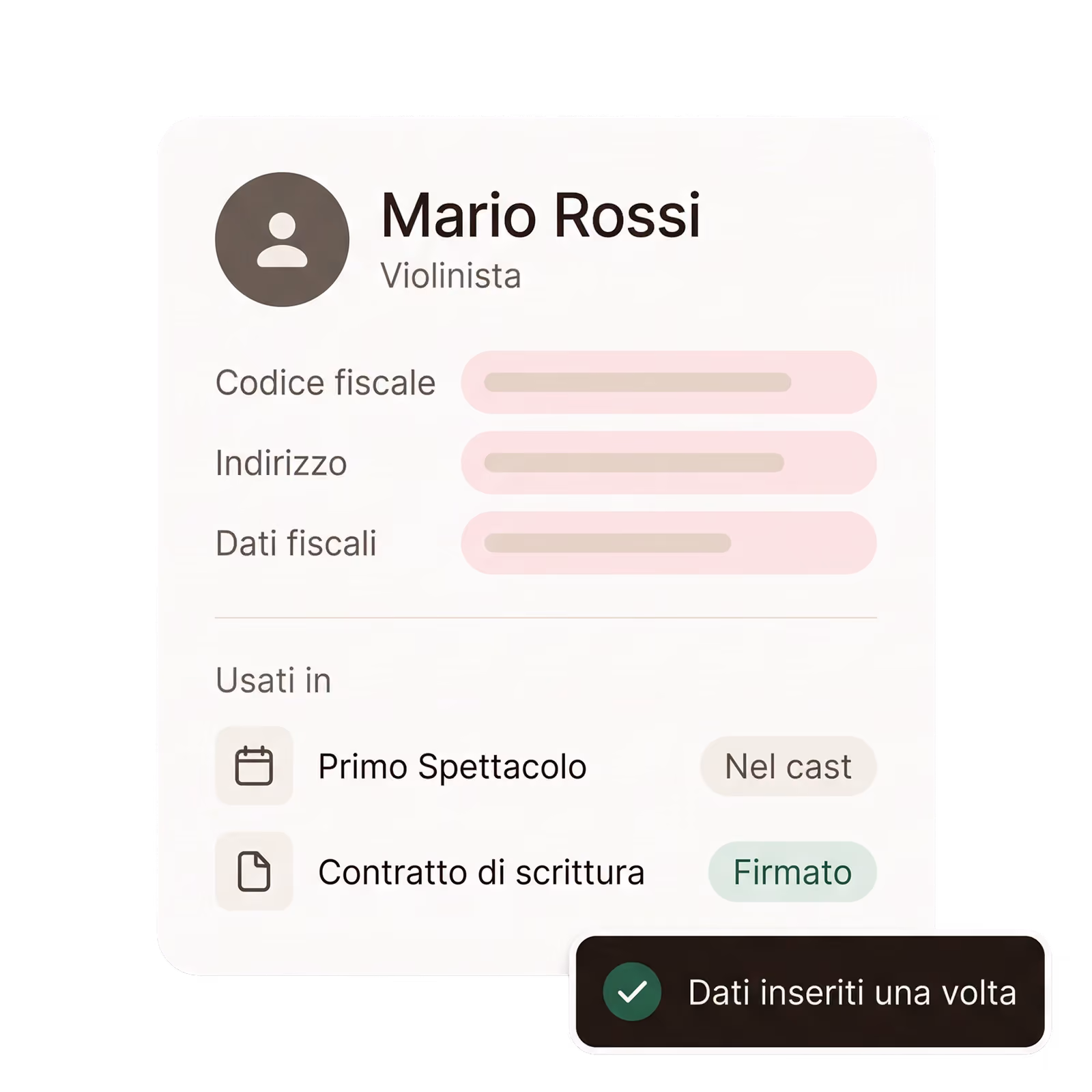 La scheda di Mario Rossi con i suoi dati, già usati nel cast di Primo Spettacolo e nel contratto firmato
